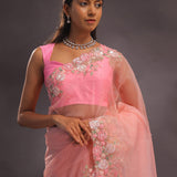 Salmon Pink Organza Embroidery Saree With Pearls And Sequins Detailing