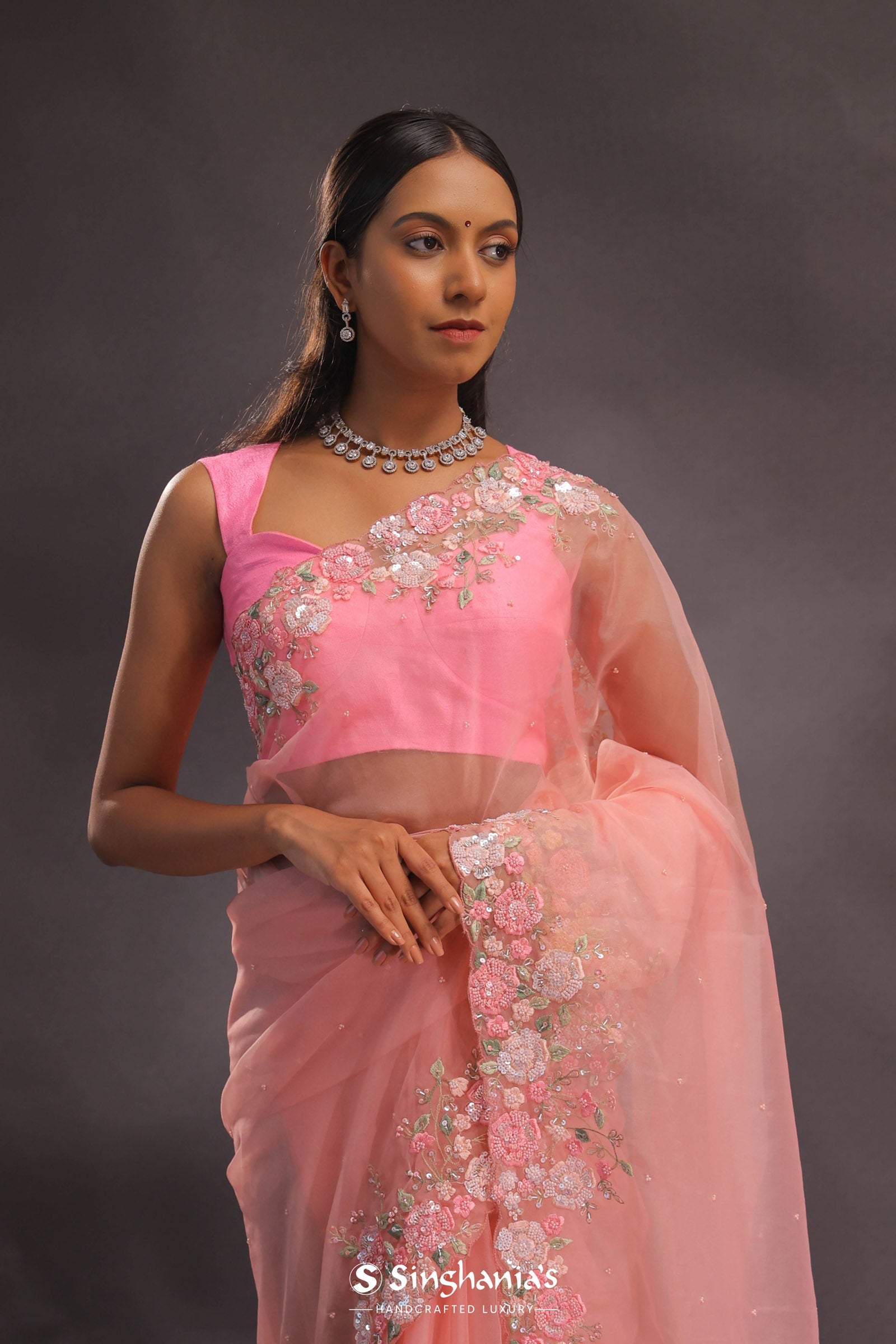 Salmon Pink Organza Embroidery Saree With Pearls And Sequins Detailing