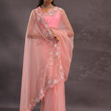 Salmon Pink Organza Embroidery Saree With Pearls And Sequins Detailing