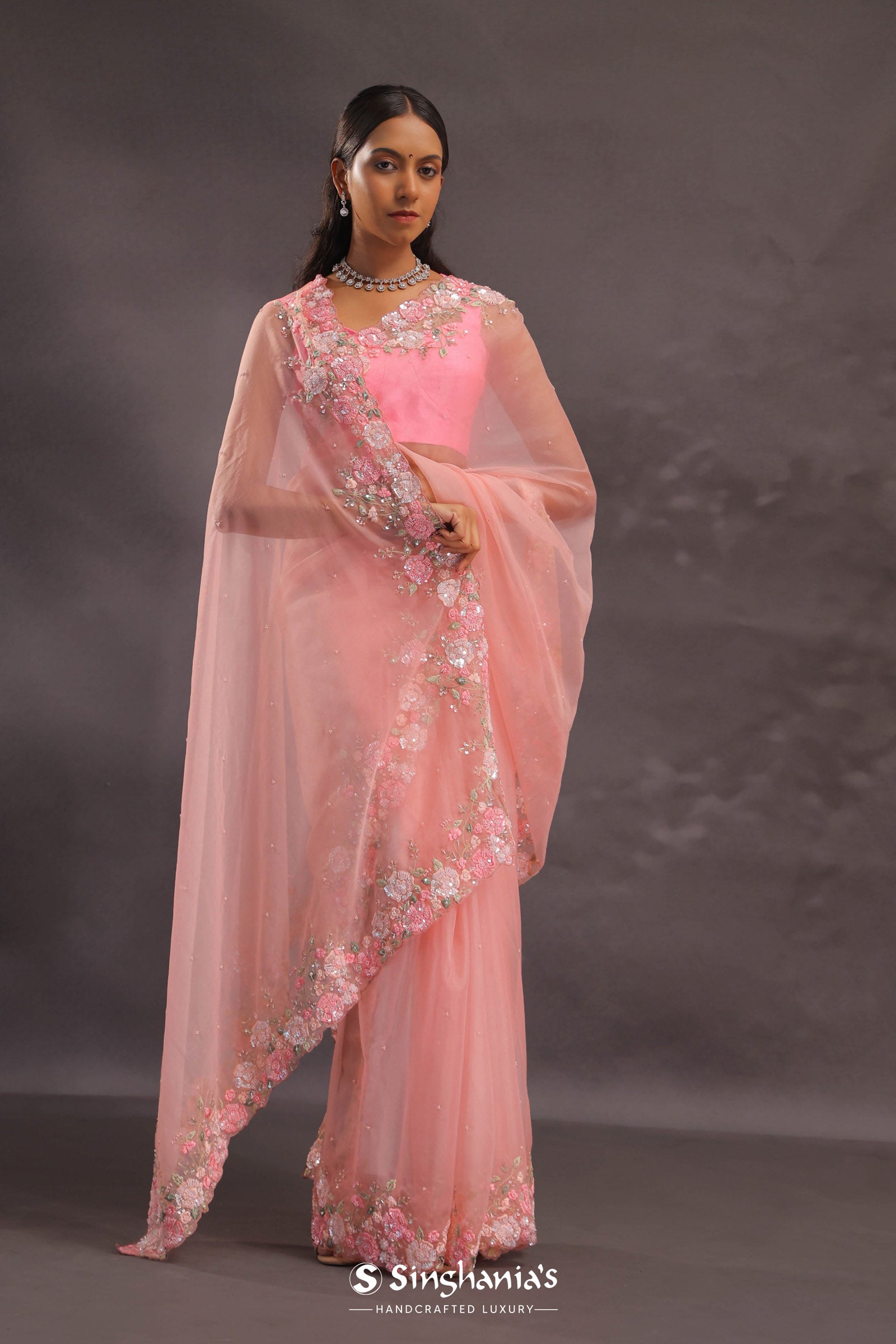 Salmon Pink Organza Embroidery Saree With Pearls And Sequins Detailing