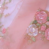 Salmon Pink Organza Embroidery Saree With Pearls And Sequins Detailing
