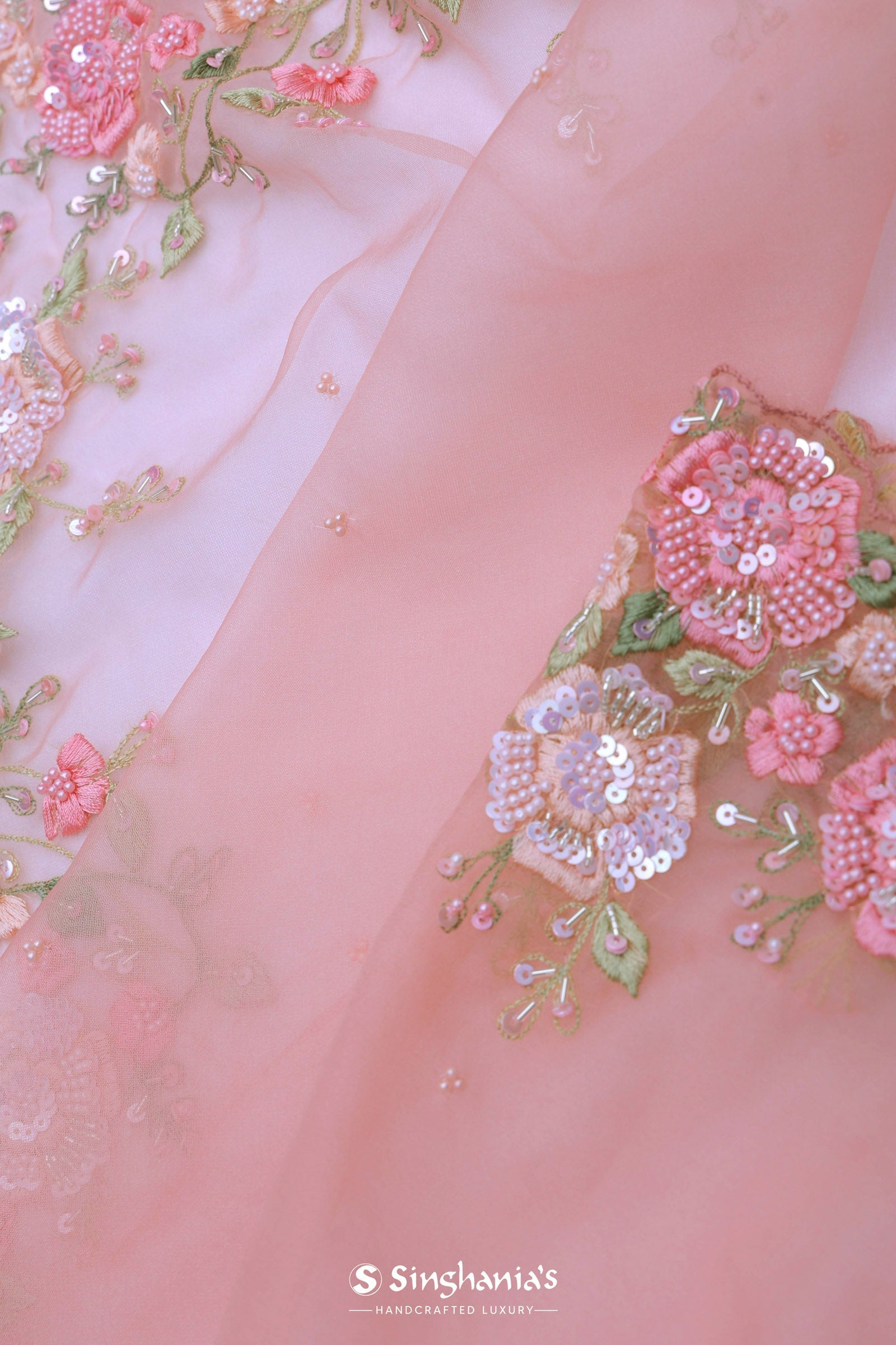 Salmon Pink Organza Embroidery Saree With Pearls And Sequins Detailing