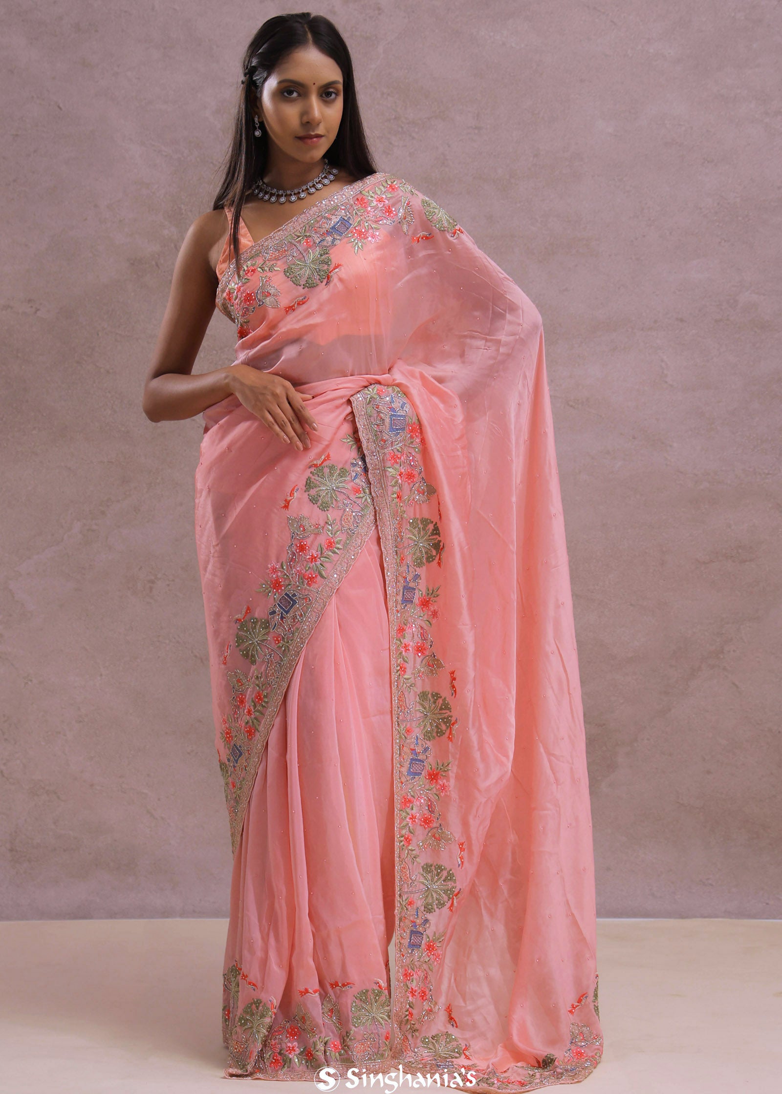 Rose Pink Soft Organza Embroidery Saree