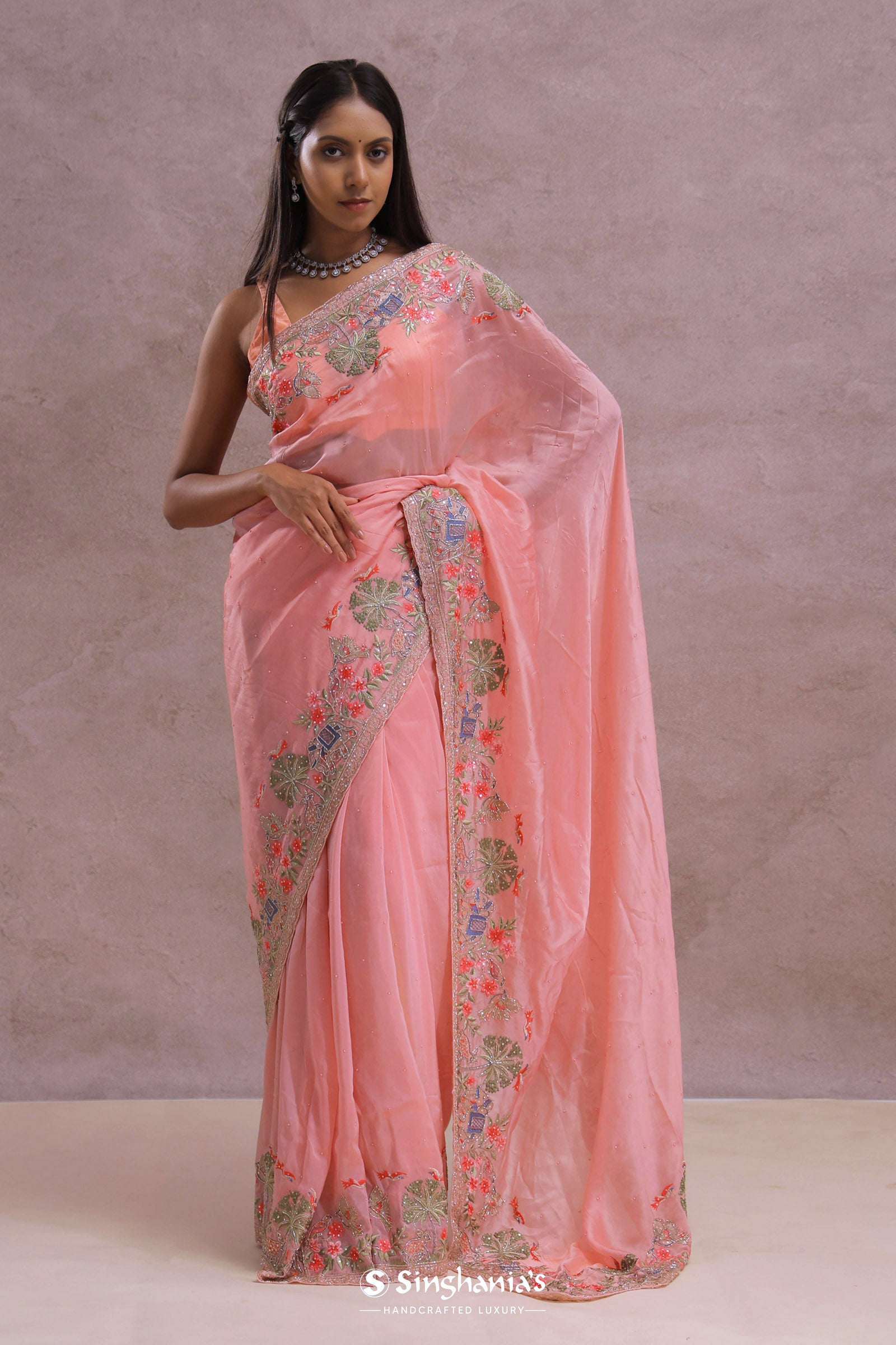 Rose Pink Soft Organza Embroidery Saree