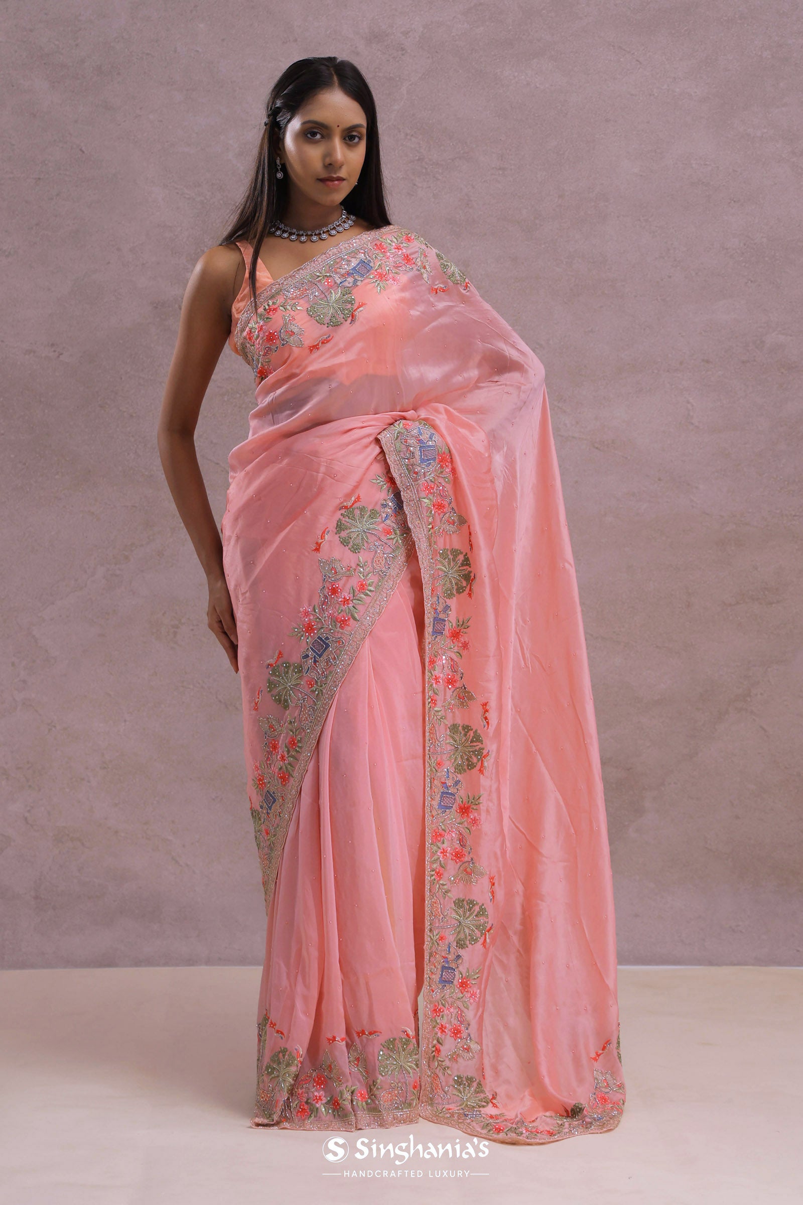 Rose Pink Soft Organza Embroidery Saree