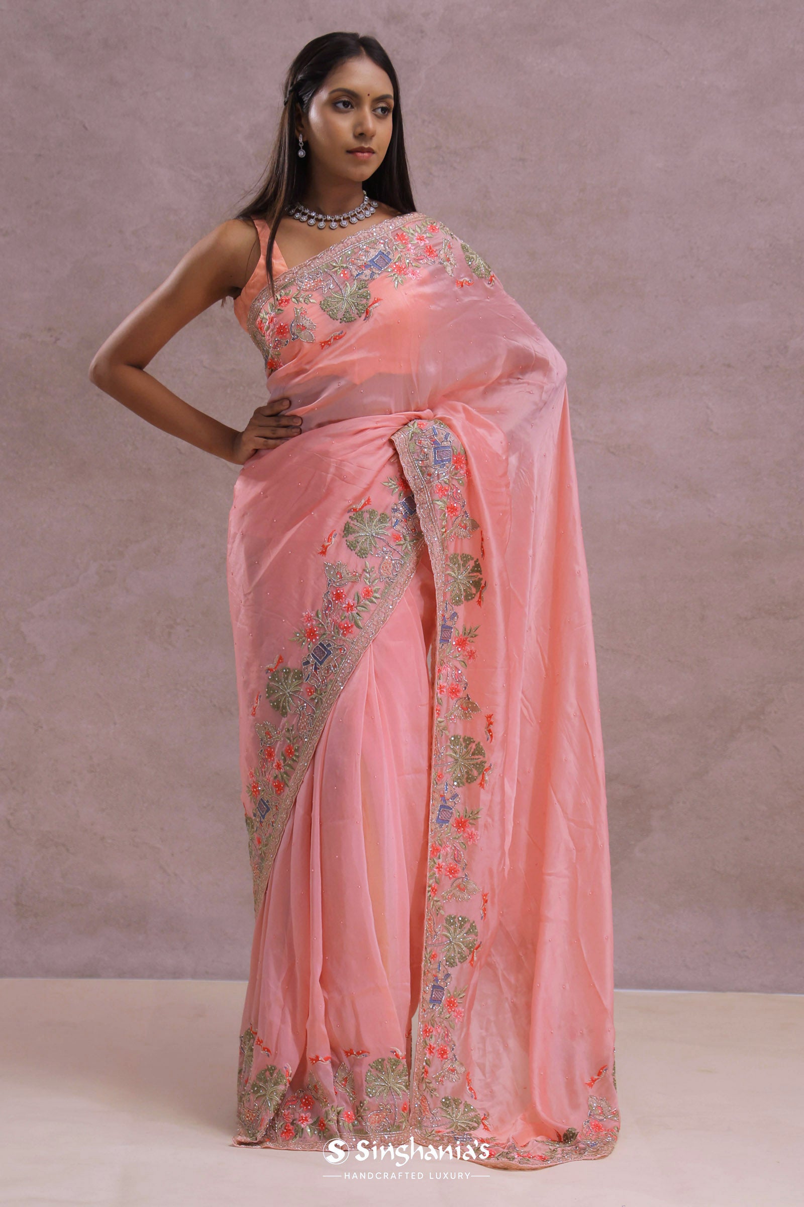 Rose Pink Soft Organza Embroidery Saree