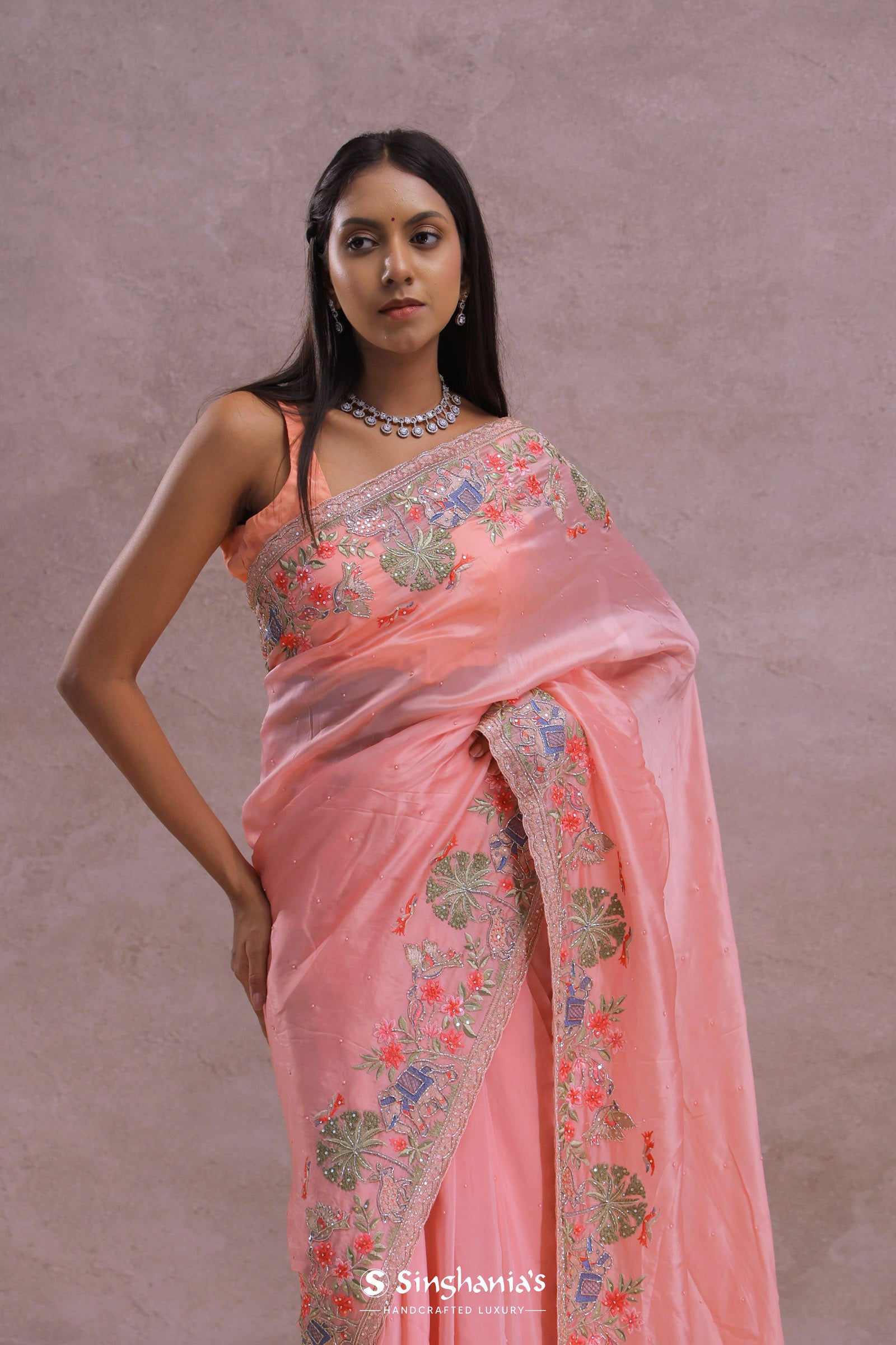 Rose Pink Soft Organza Embroidery Saree