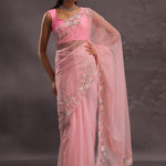 Lemonade Pink Organza Embroidery Saree With Pearls And Sequins Detailing