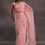 Lemonade Pink Organza Embroidery Saree With Pearls And Sequins Detailing