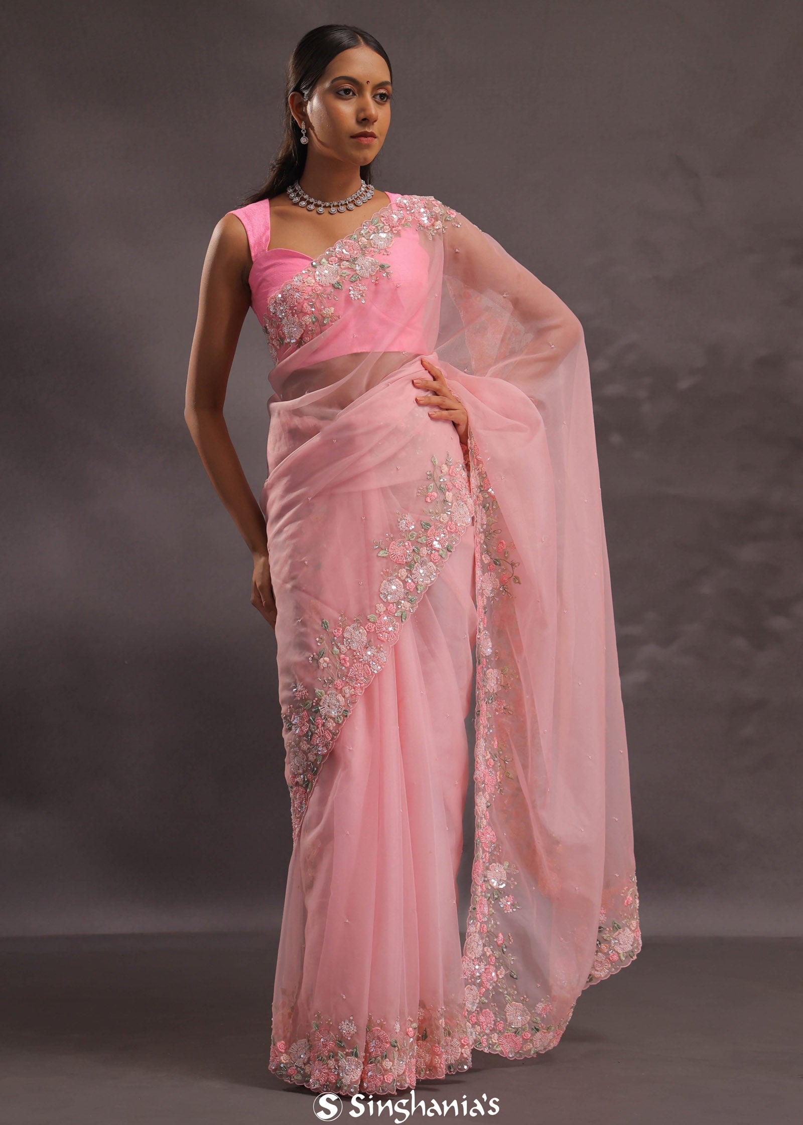 Lemonade Pink Organza Embroidery Saree With Pearls And Sequins Detailing