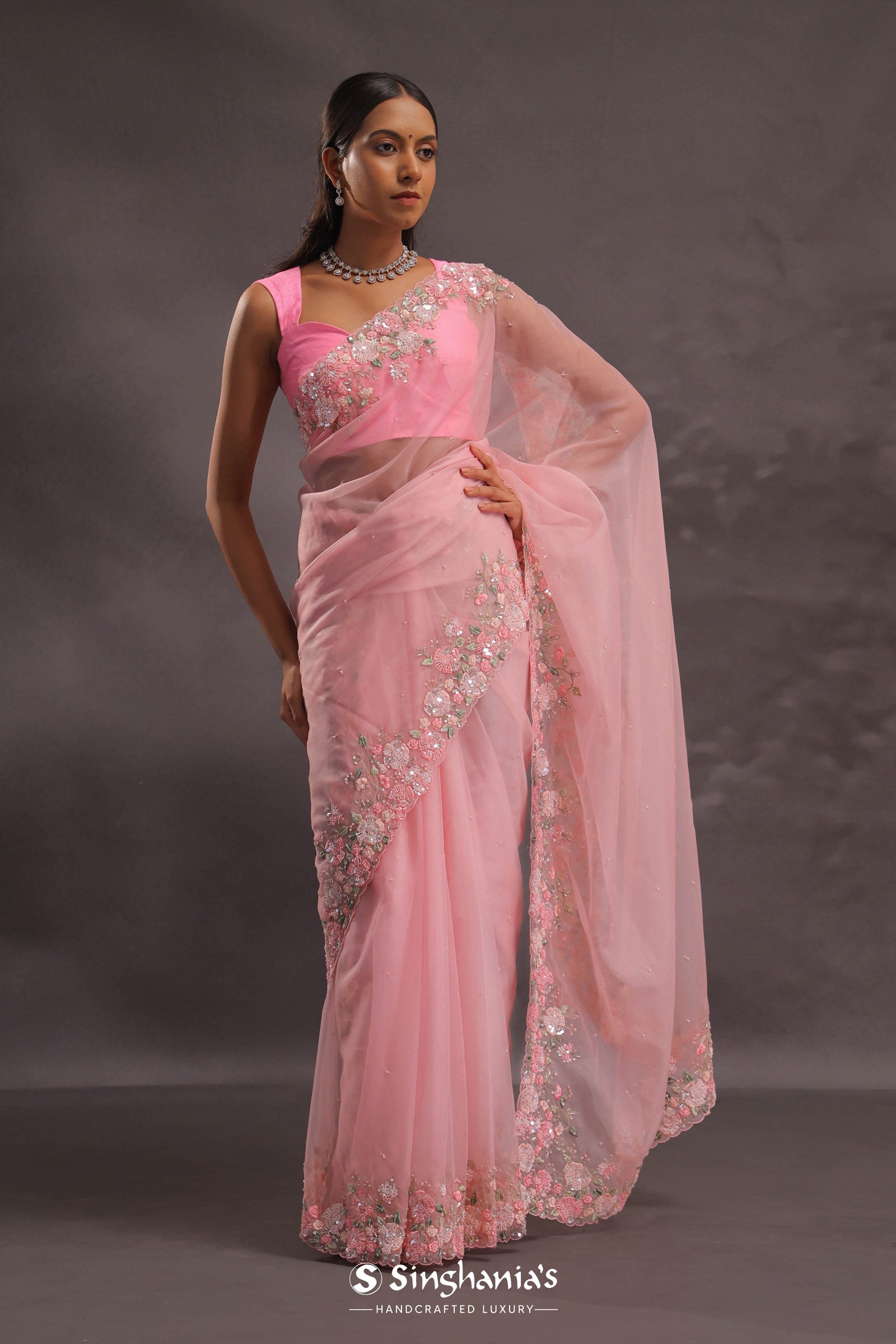Lemonade Pink Organza Embroidery Saree With Pearls And Sequins Detailing