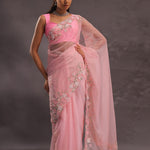 Lemonade Pink Organza Embroidery Saree With Pearls And Sequins Detailing