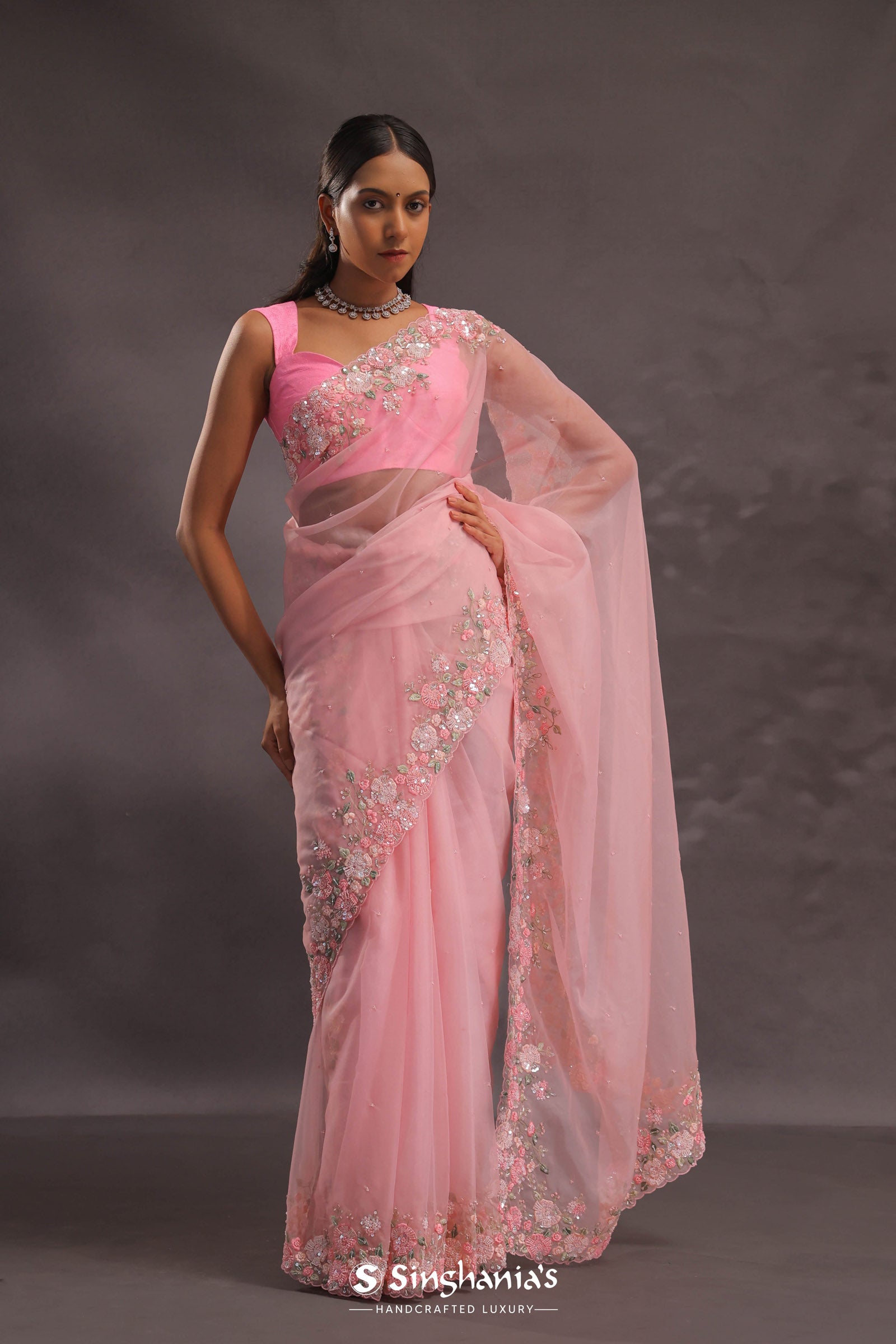 Lemonade Pink Organza Embroidery Saree With Pearls And Sequins Detailing