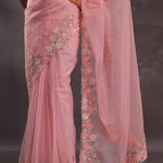 Lemonade Pink Organza Embroidery Saree With Pearls And Sequins Detailing