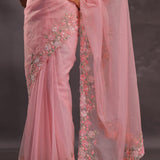 Lemonade Pink Organza Embroidery Saree With Pearls And Sequins Detailing