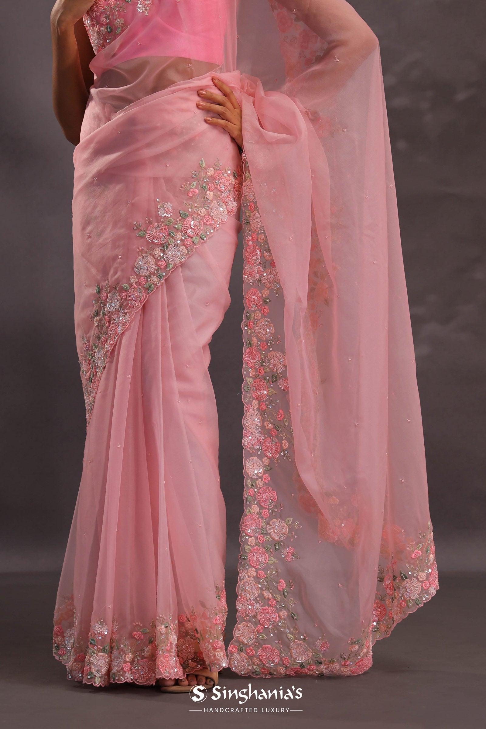 Lemonade Pink Organza Embroidery Saree With Pearls And Sequins Detailing