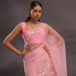 Lemonade Pink Organza Embroidery Saree With Pearls And Sequins Detailing