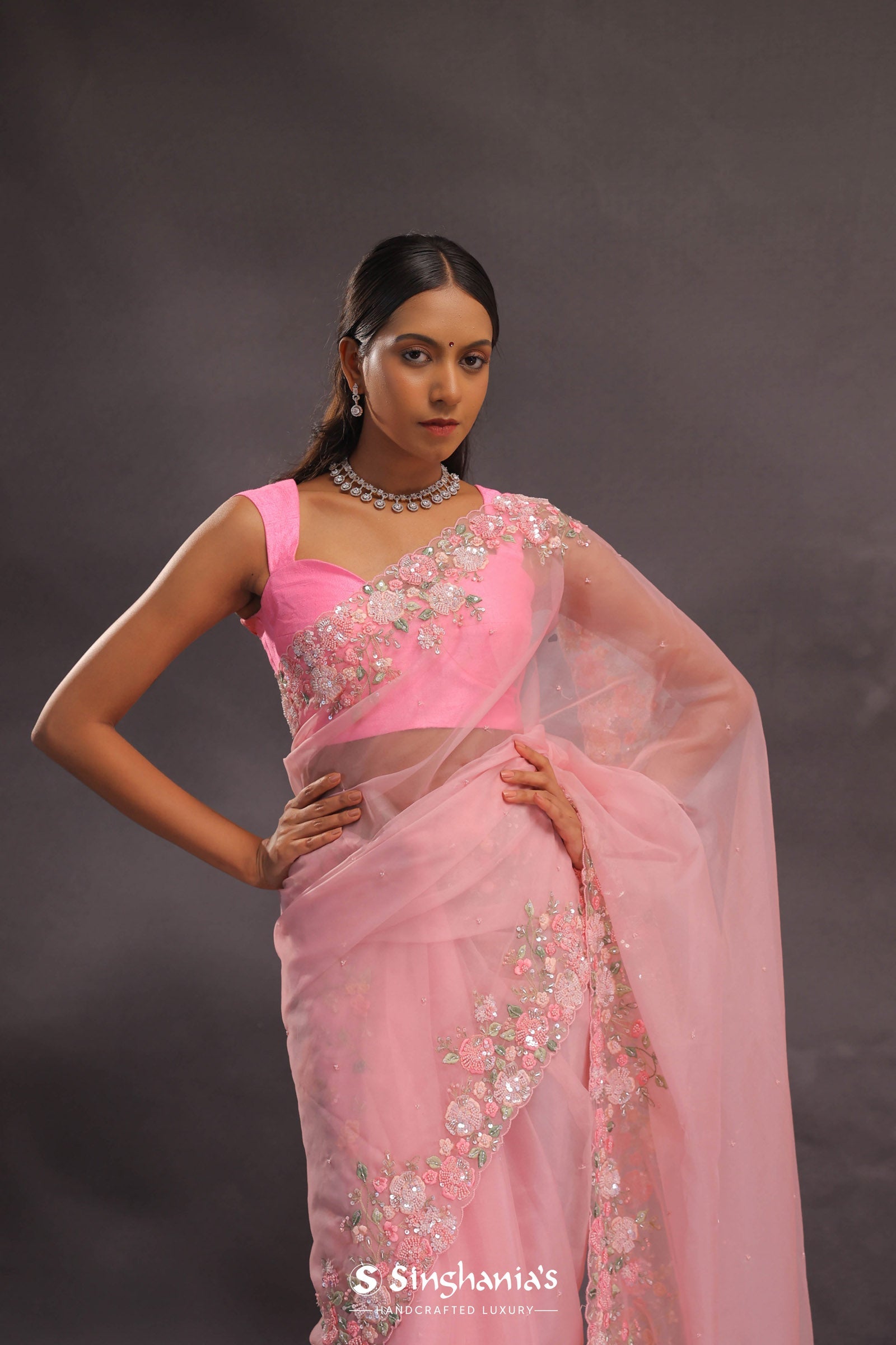 Lemonade Pink Organza Embroidery Saree With Pearls And Sequins Detailing