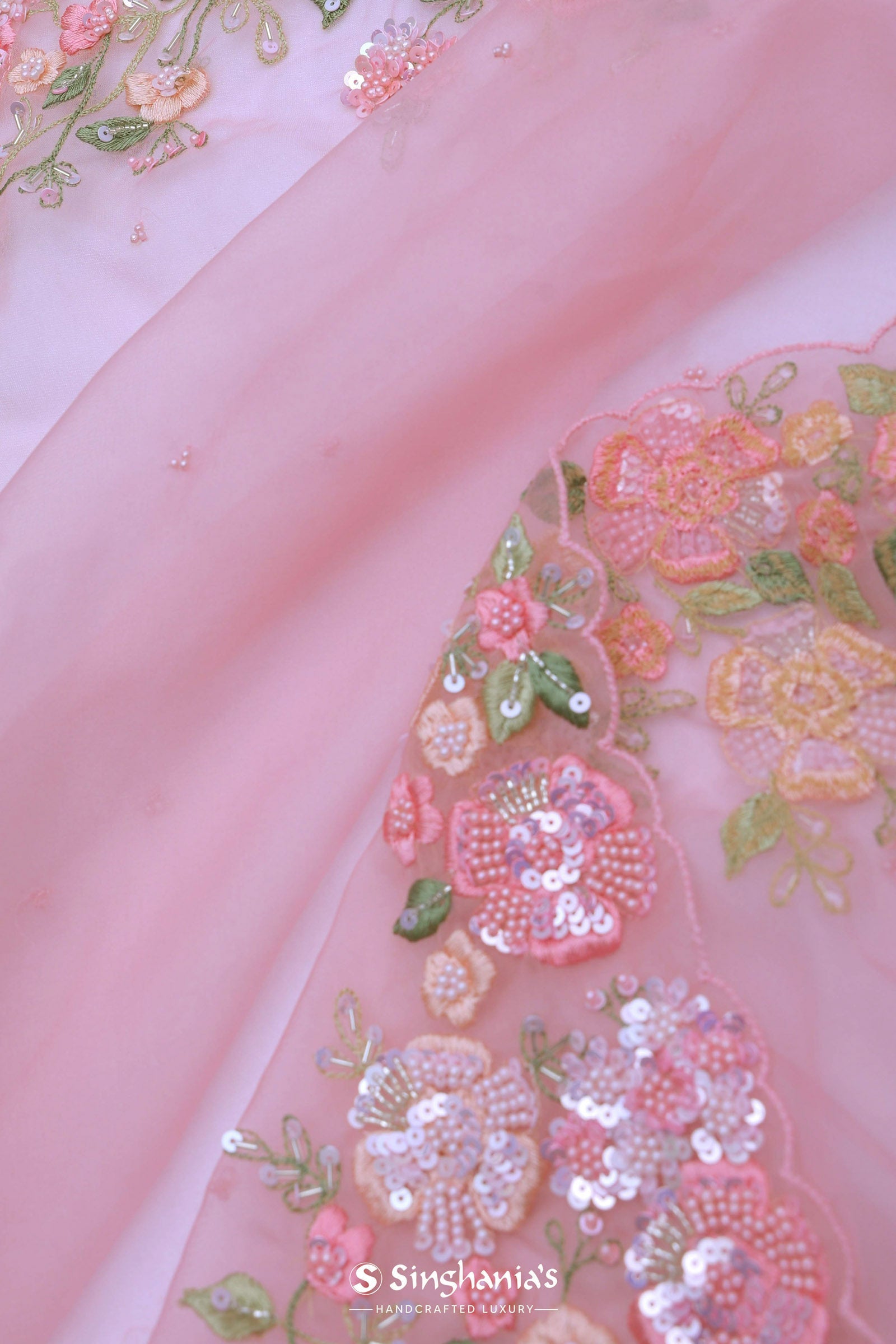 Lemonade Pink Organza Embroidery Saree With Pearls And Sequins Detailing
