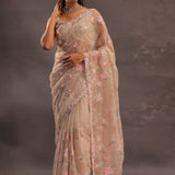 Beige Organza Embroidery Saree With Sequins And Kardana Detailing