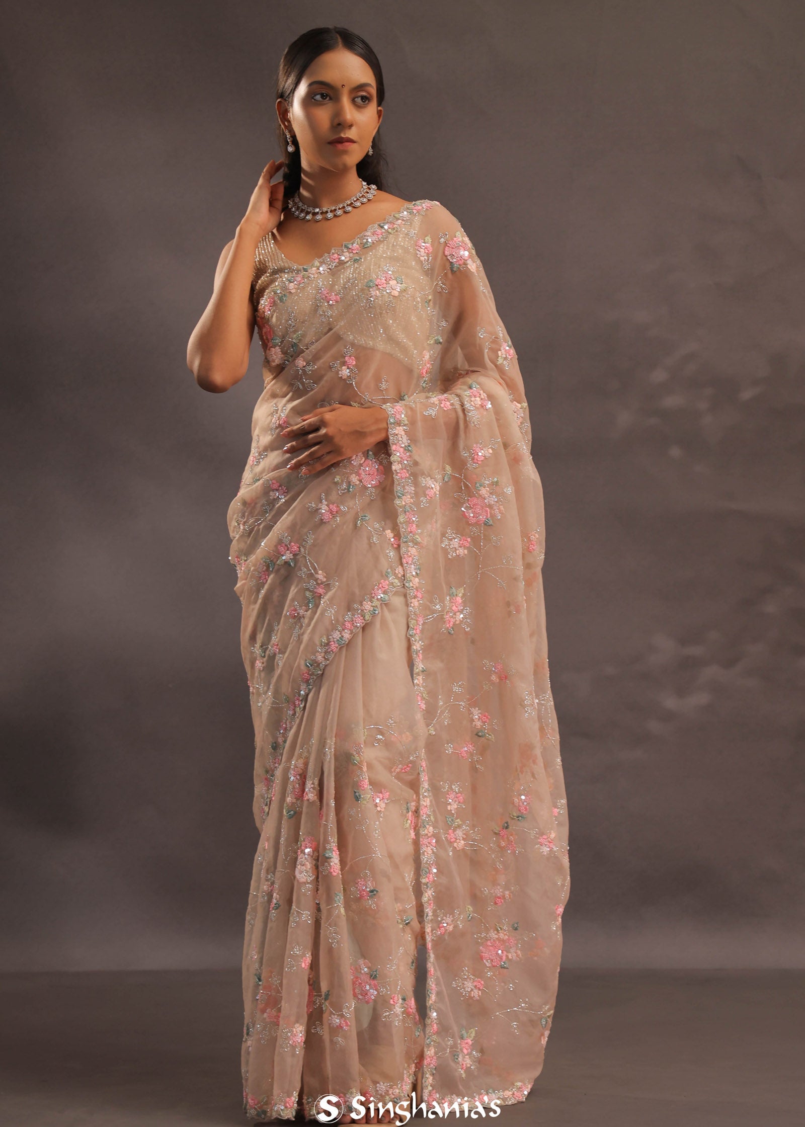 Beige Organza Embroidery Saree With Sequins And Kardana Detailing