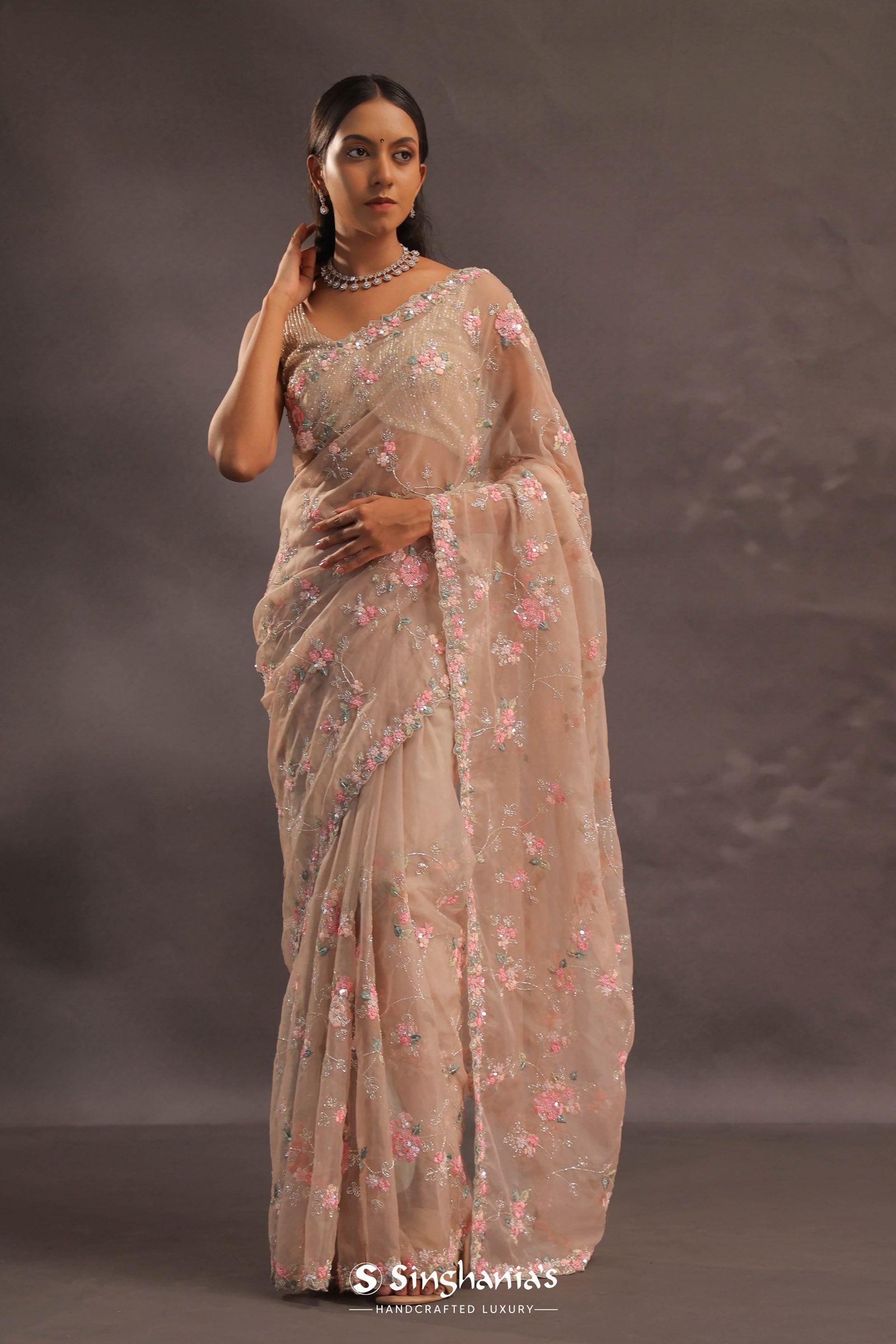 Beige Organza Embroidery Saree With Sequins And Kardana Detailing