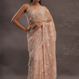 Beige Organza Embroidery Saree With Sequins And Kardana Detailing