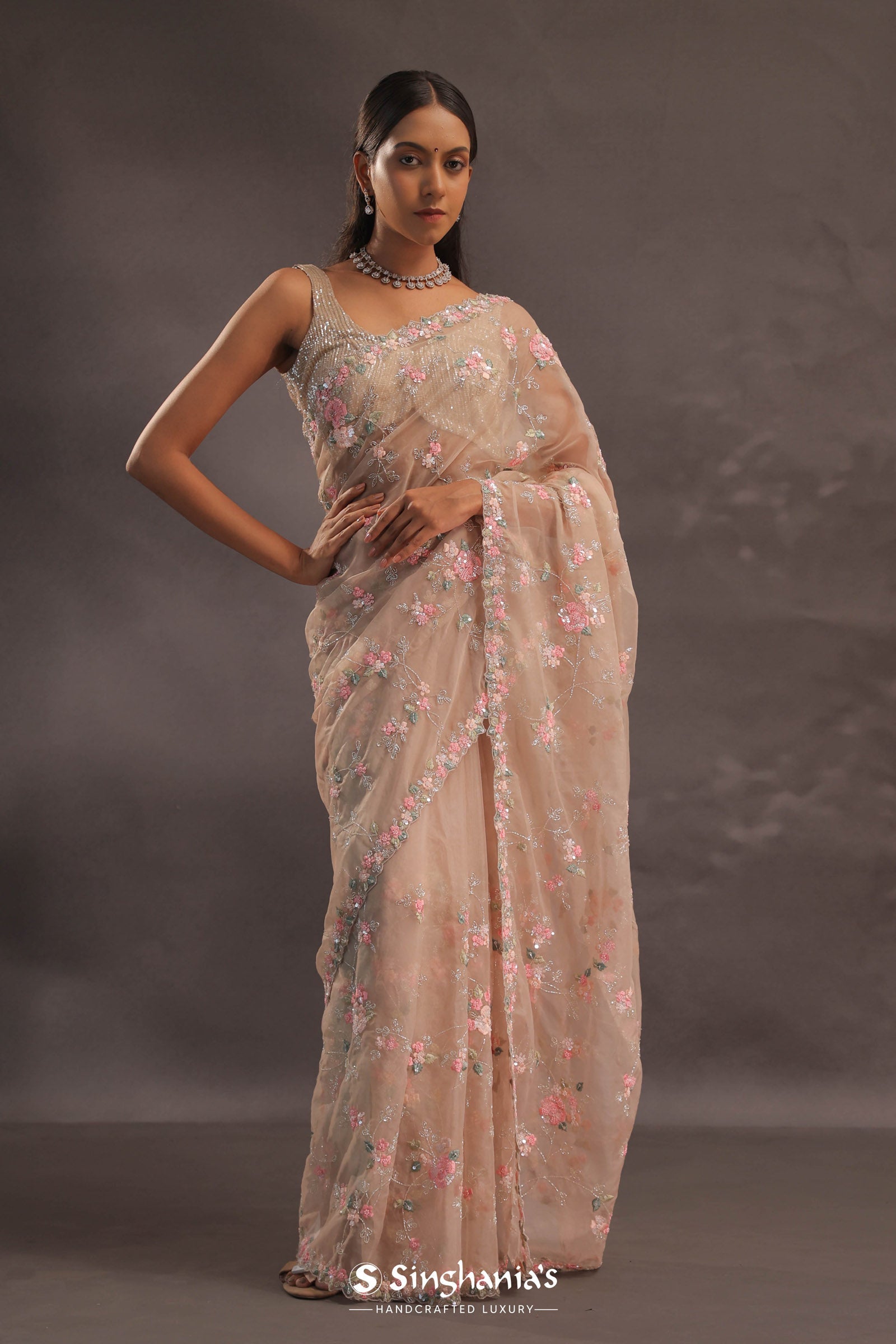 Beige Organza Embroidery Saree With Sequins And Kardana Detailing