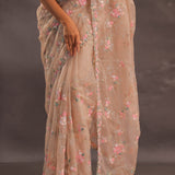 Beige Organza Embroidery Saree With Sequins And Kardana Detailing