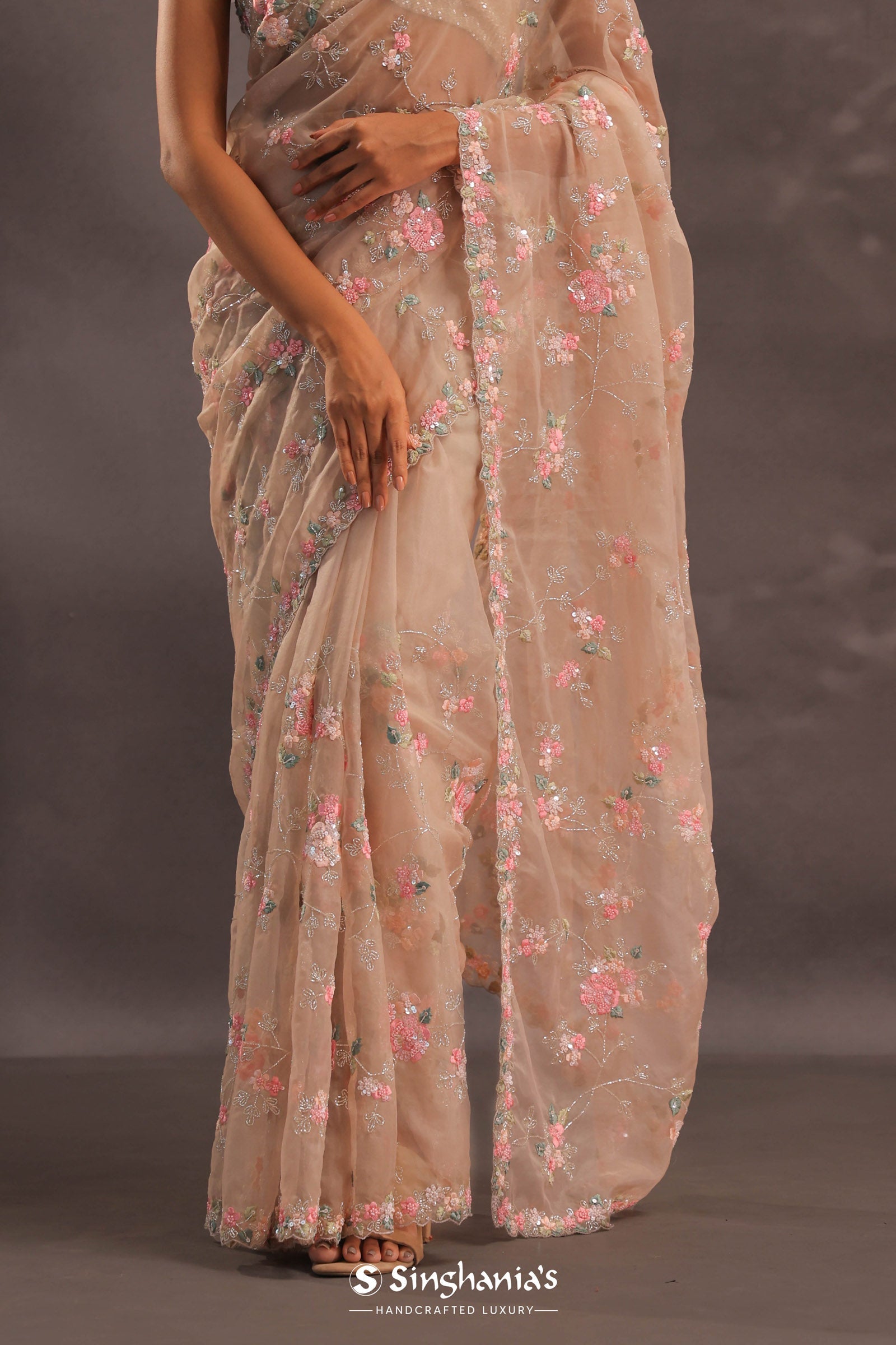 Beige Organza Embroidery Saree With Sequins And Kardana Detailing