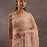Beige Organza Embroidery Saree With Sequins And Kardana Detailing