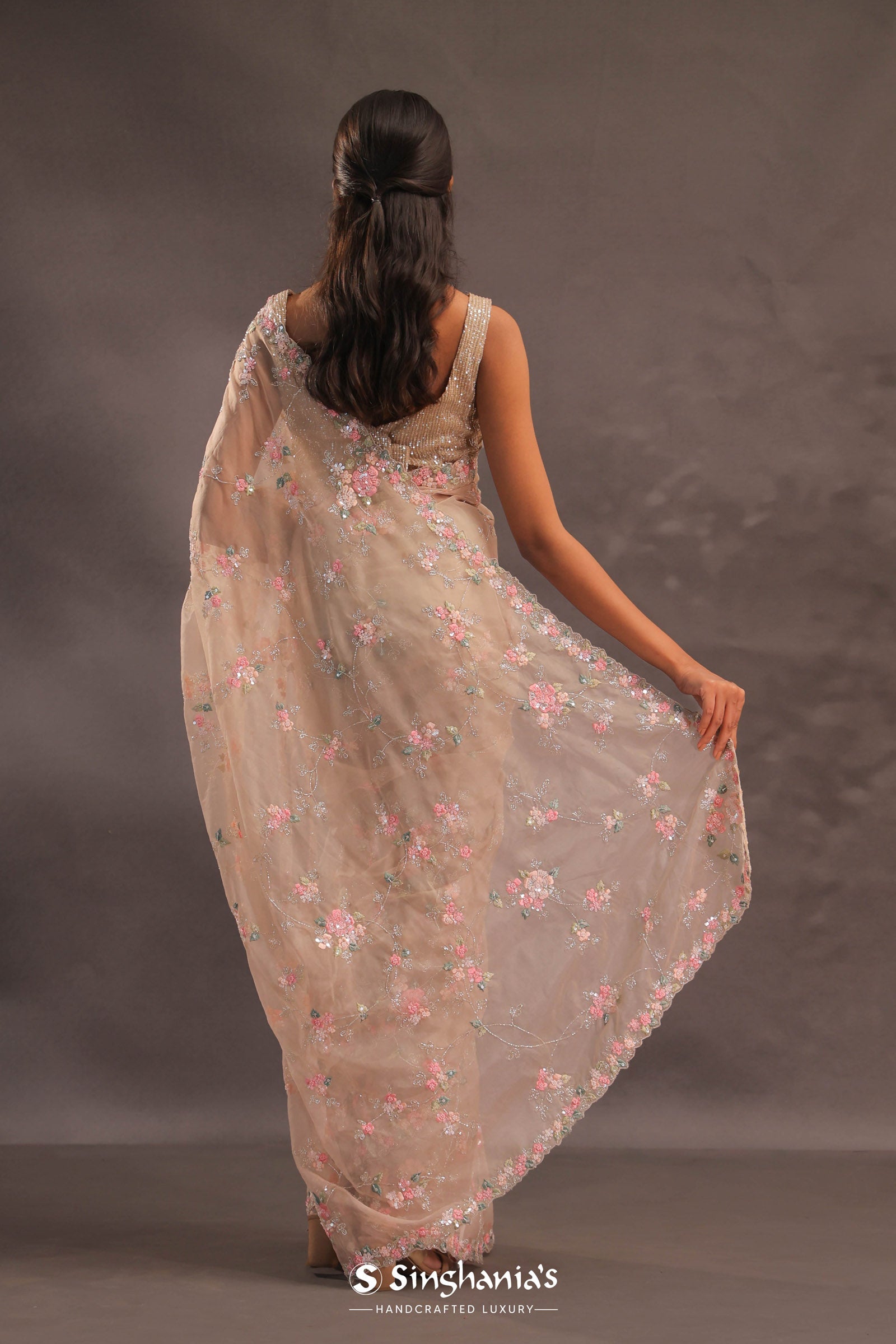 Beige Organza Embroidery Saree With Sequins And Kardana Detailing