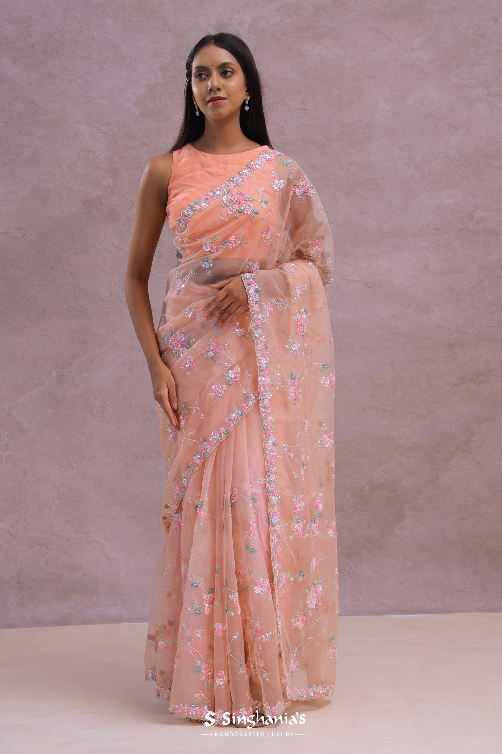 Soft Peach Organza Embroidery Saree