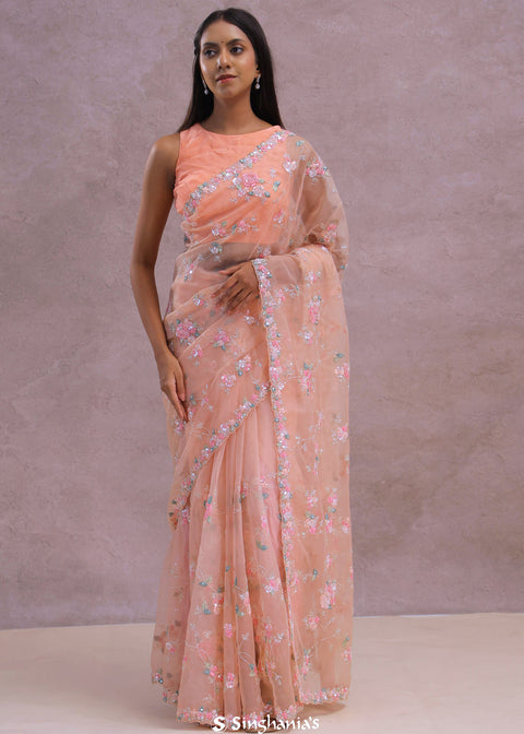 <img> Soft Peach Organza Embroidery Saree