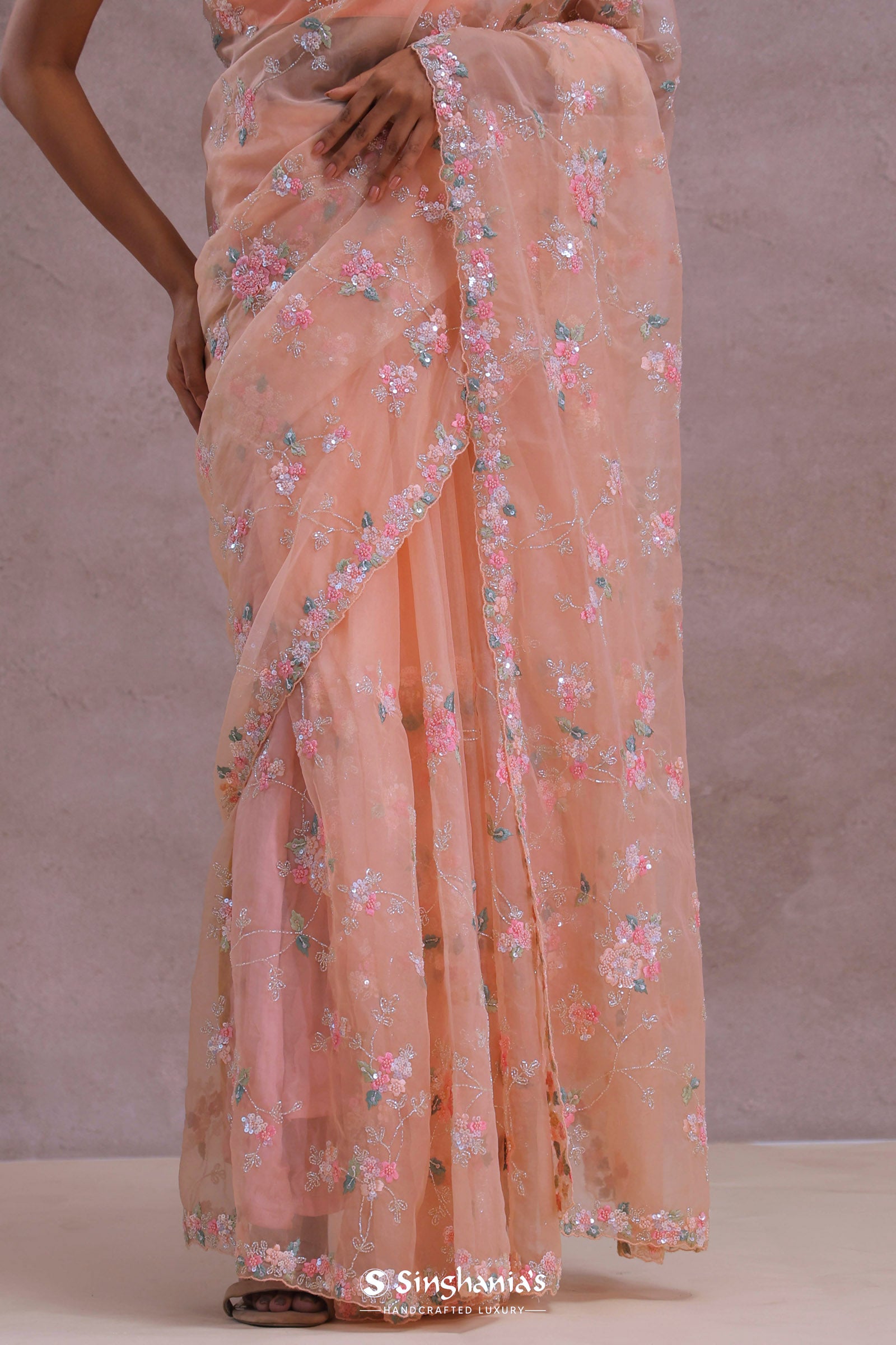 Soft Peach Organza Embroidery Saree