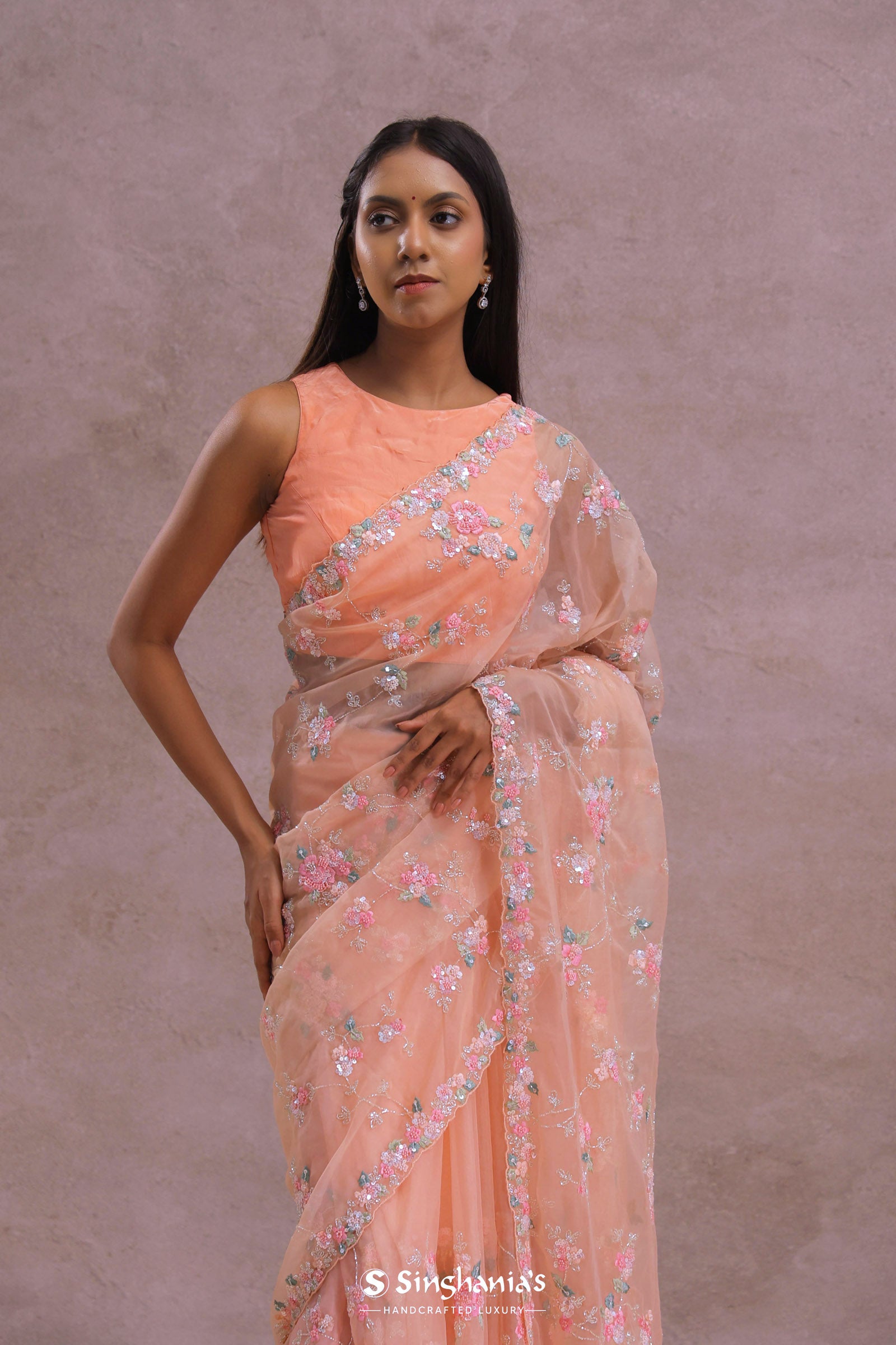 Soft Peach Organza Embroidery Saree
