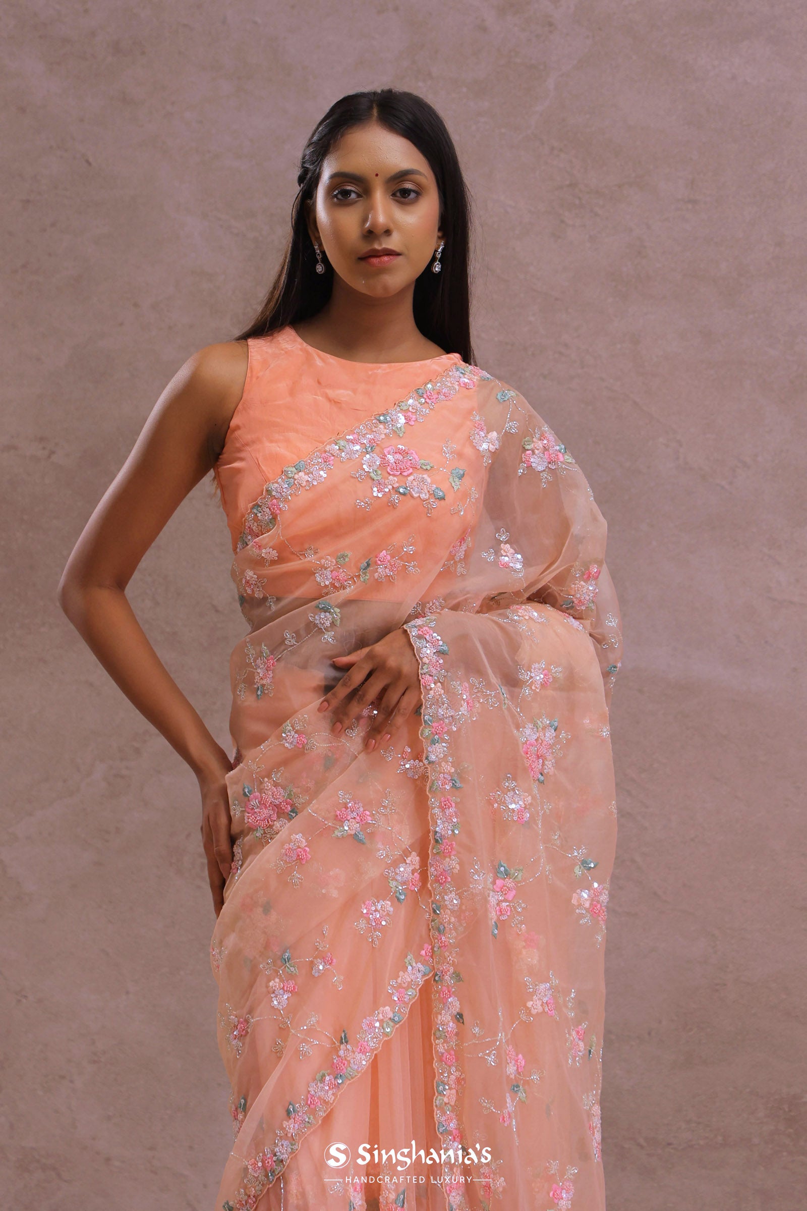 Soft Peach Organza Embroidery Saree