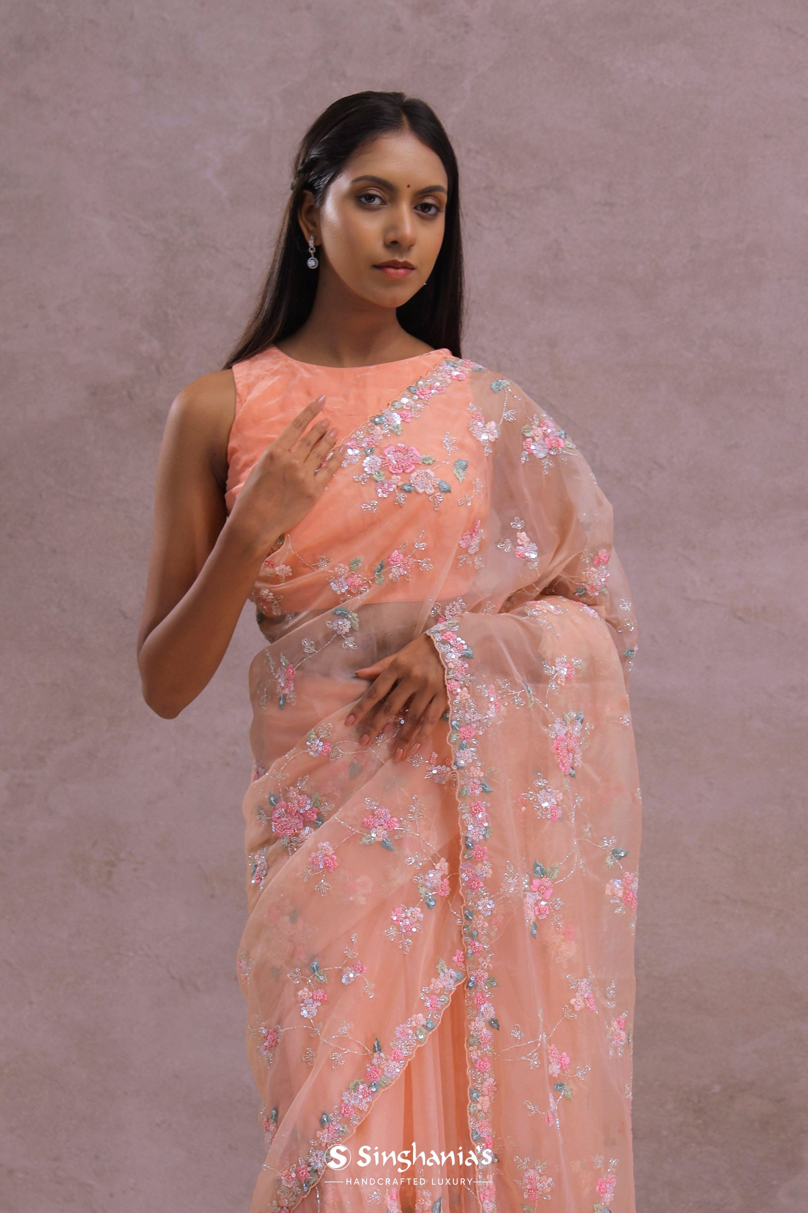 Soft Peach Organza Embroidery Saree