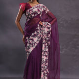 Wine Tissue Organza Embroidery Saree With Floral Border