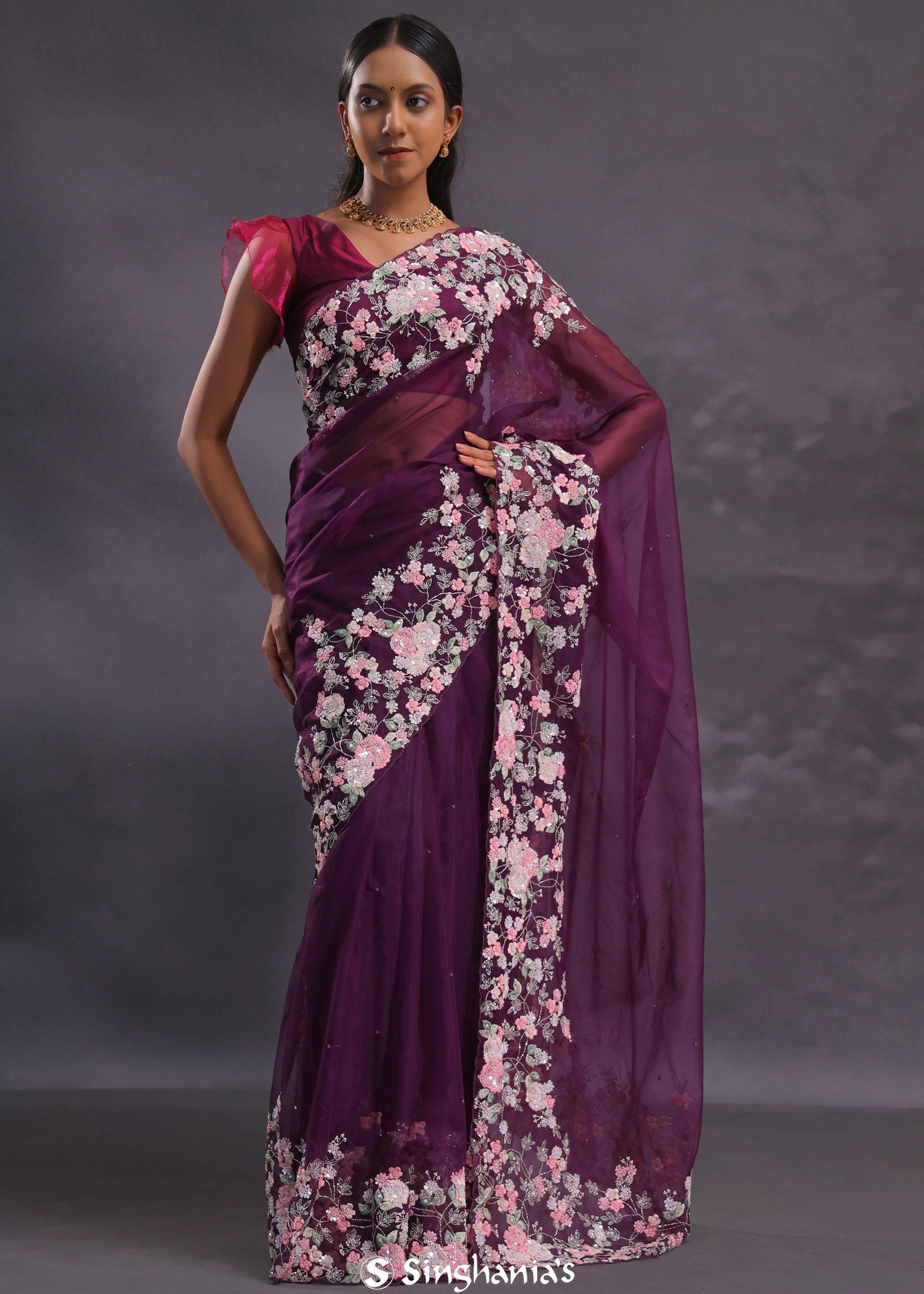 Wine Tissue Organza Embroidery Saree With Floral Border