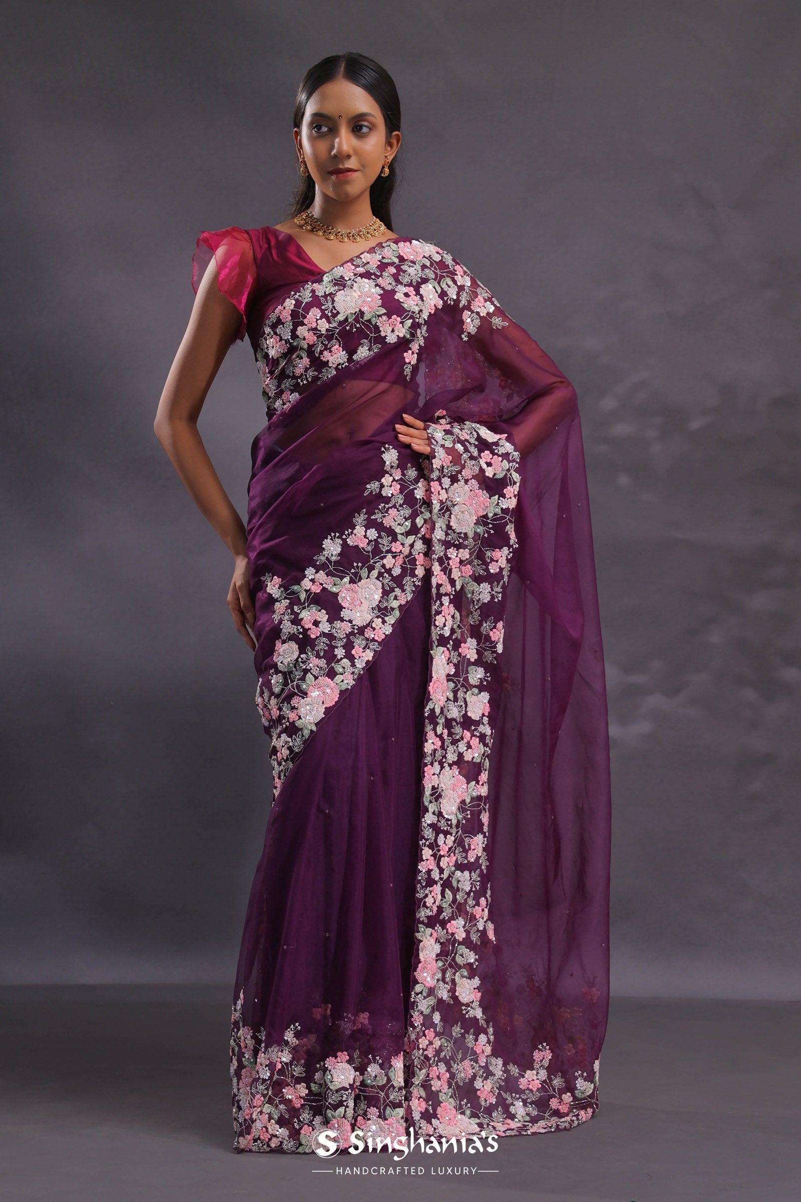 Wine Tissue Organza Embroidery Saree With Floral Border