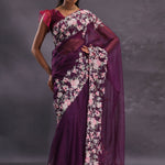 Wine Tissue Organza Embroidery Saree With Floral Border