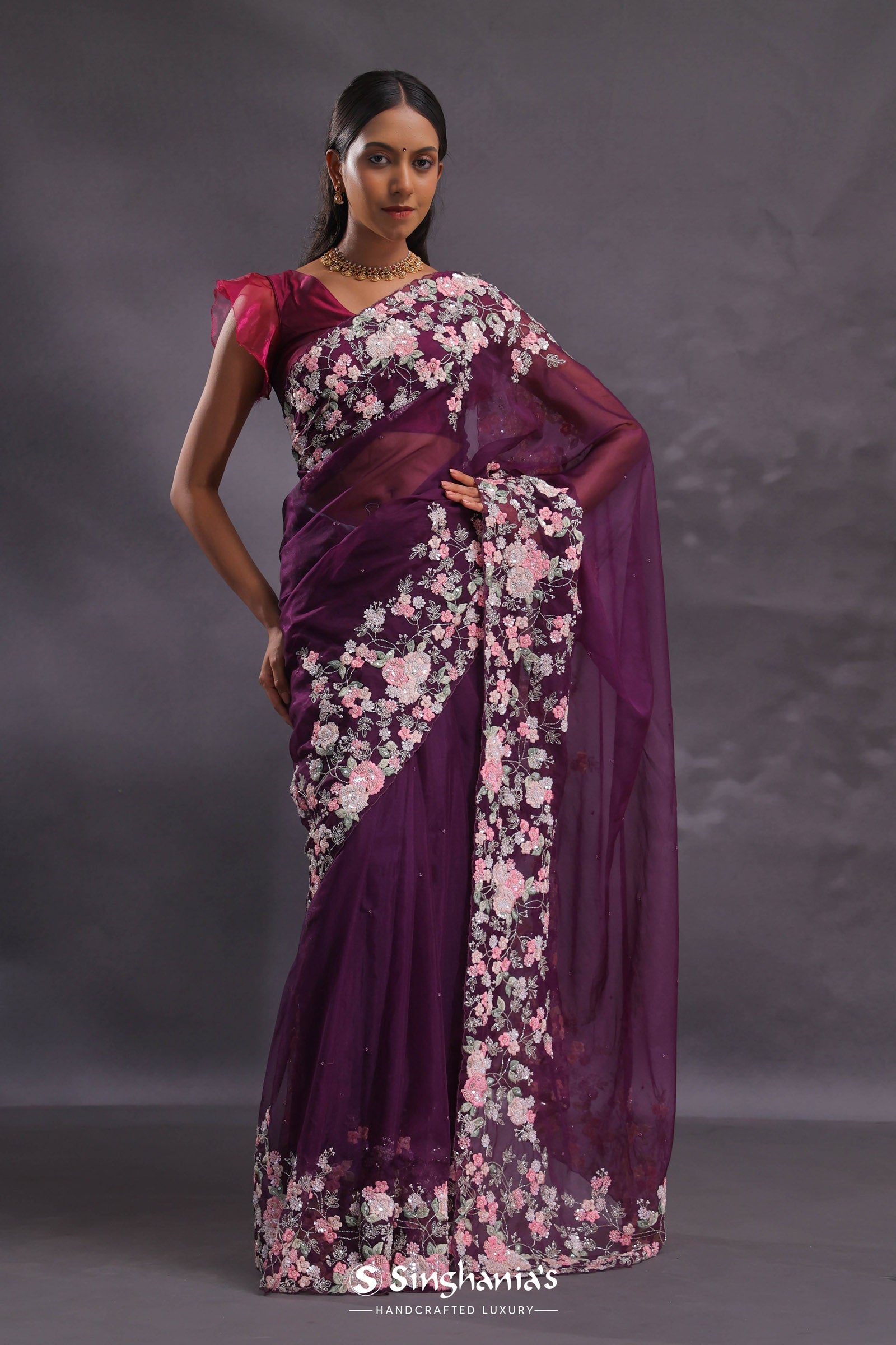 Wine Tissue Organza Embroidery Saree With Floral Border