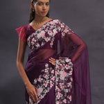 Wine Tissue Organza Embroidery Saree With Floral Border
