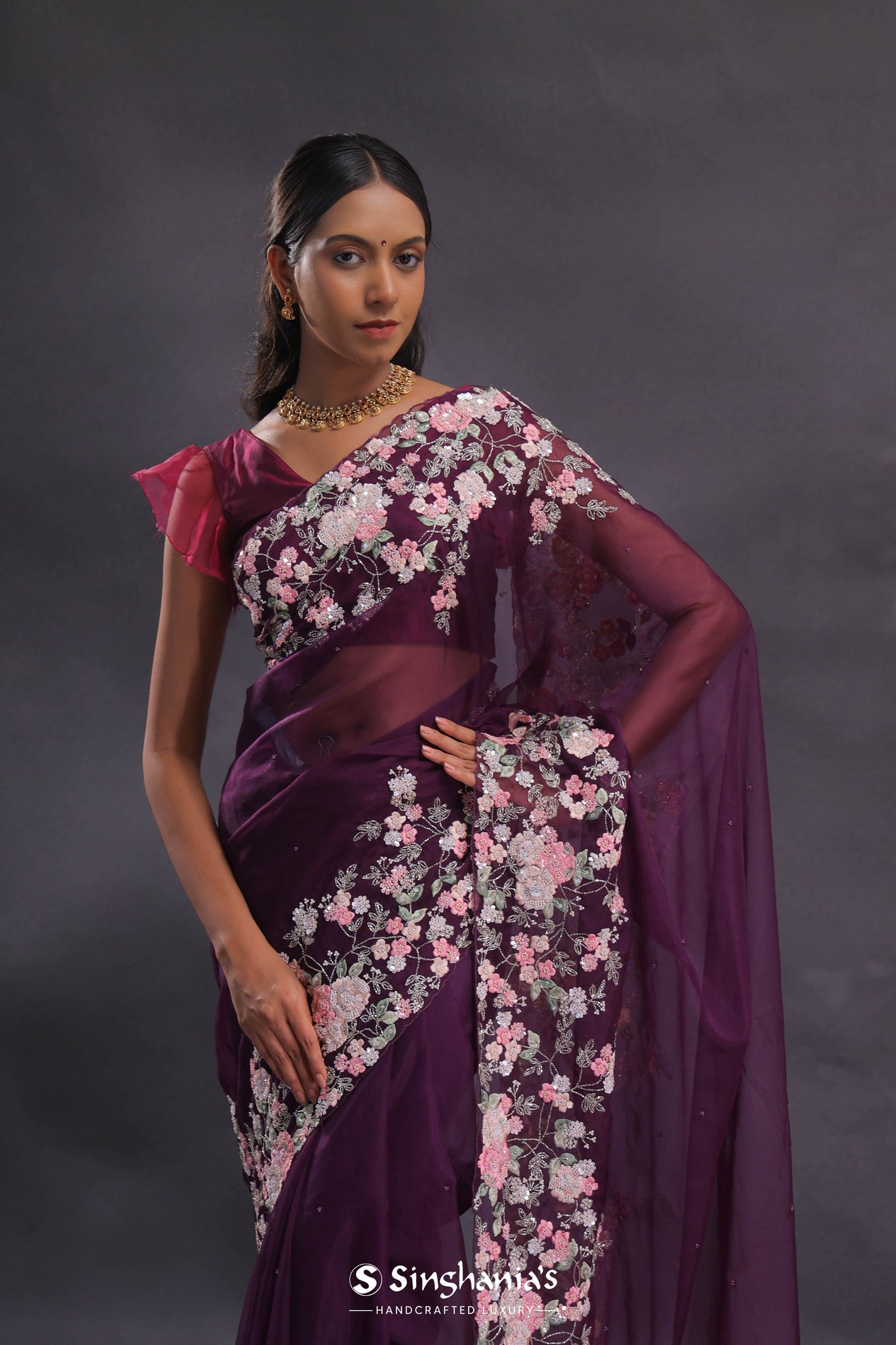 Wine Tissue Organza Embroidery Saree With Floral Border