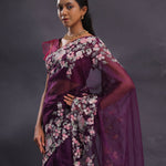 Wine Tissue Organza Embroidery Saree With Floral Border