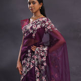 Wine Tissue Organza Embroidery Saree With Floral Border