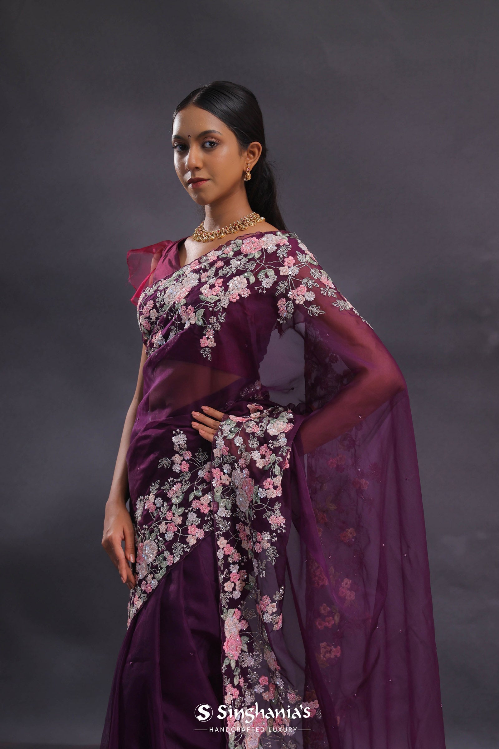 Wine Tissue Organza Embroidery Saree With Floral Border
