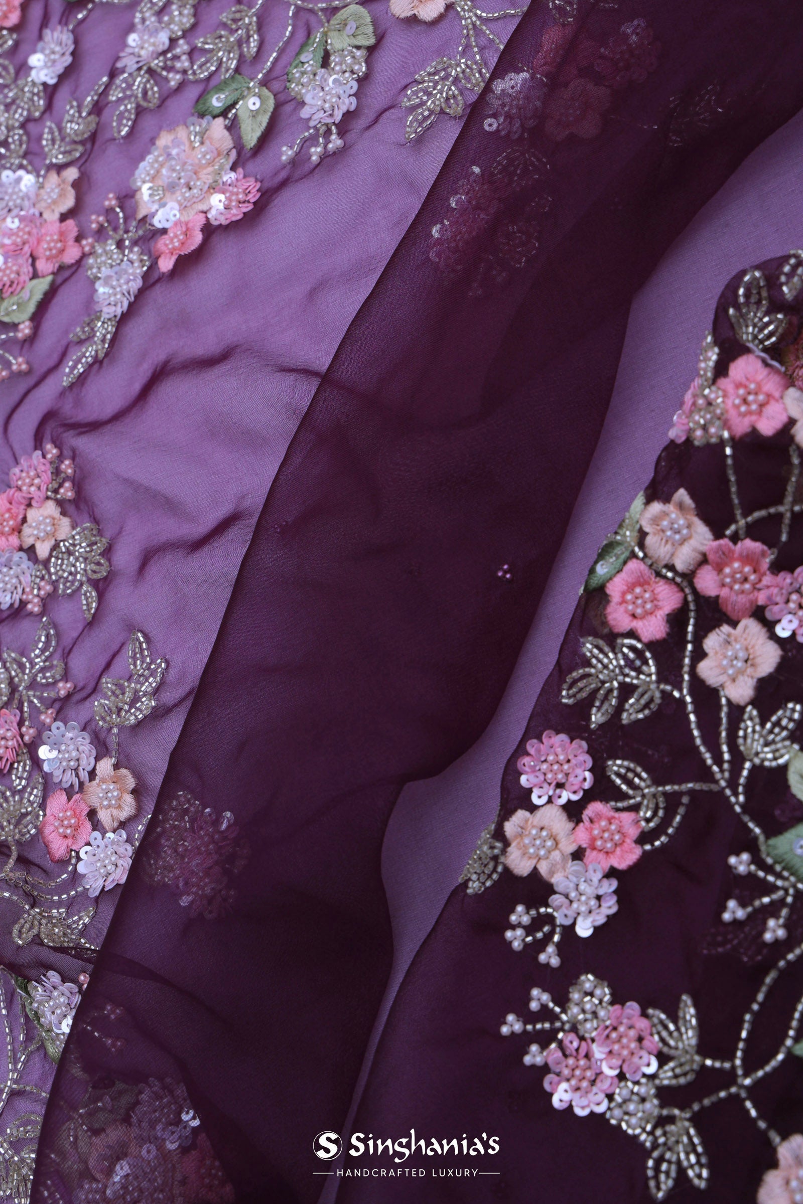 Wine Tissue Organza Embroidery Saree With Floral Border