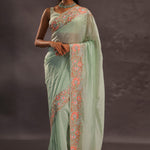 Pistachio Green Organza Embroidery Saree With Floral Border